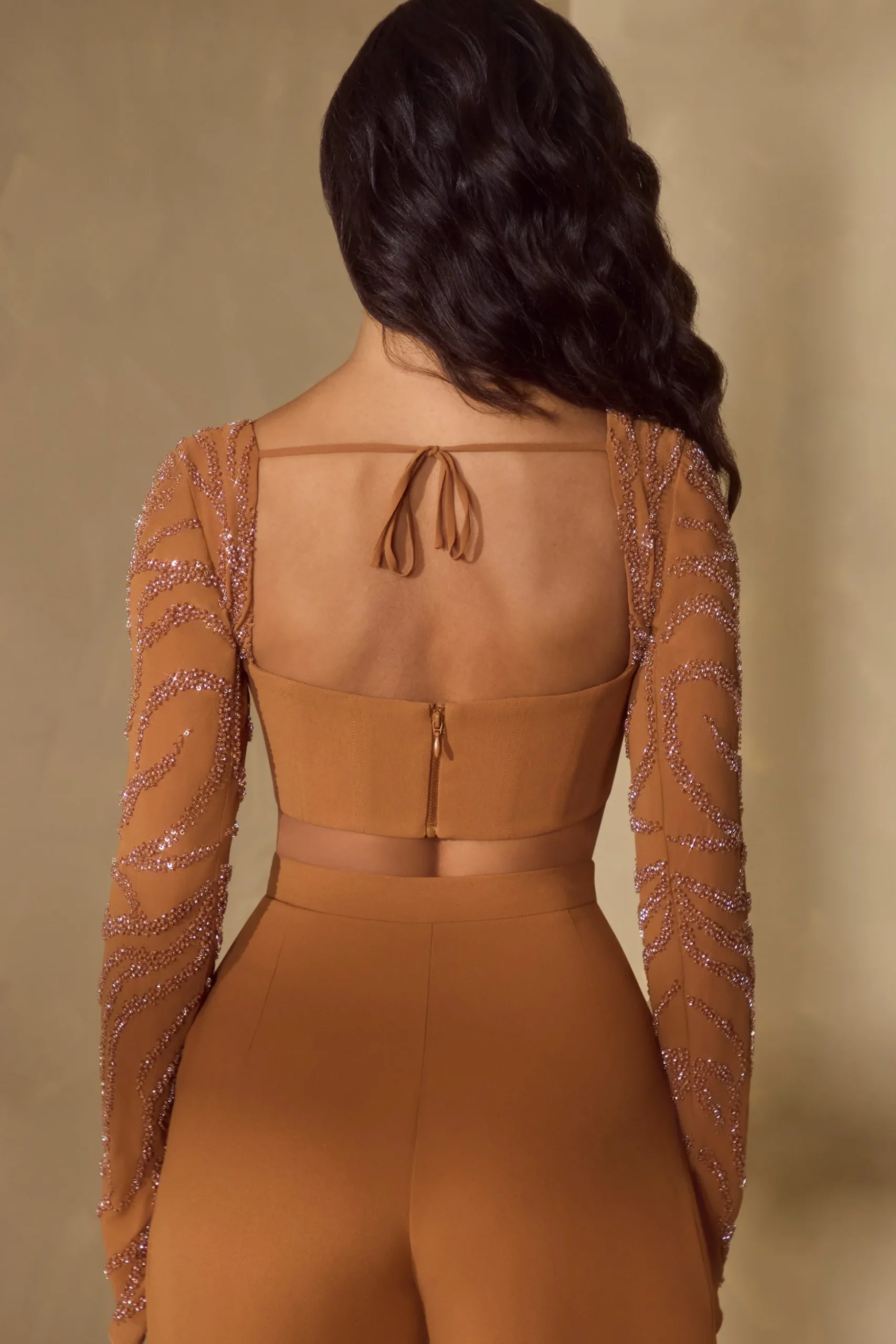 Oh Polly Women'S Clothing Sale - $65 And Under | Women'S Clothing Sale - $40 And Under^Embellished Sleeve Corset Crop Top in Caramel