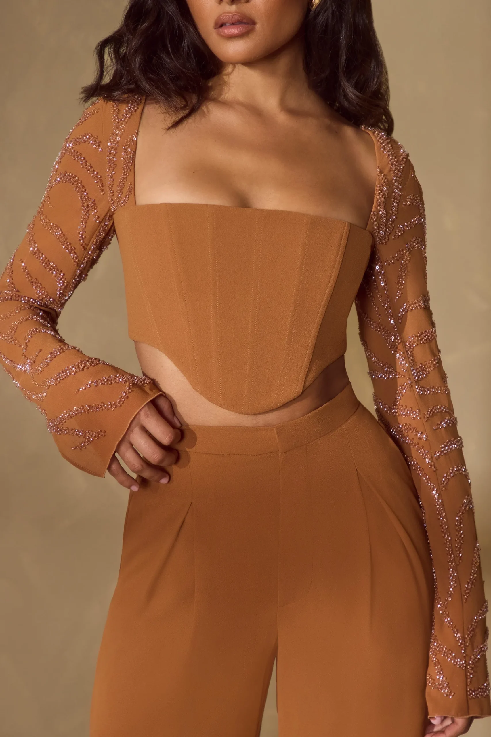 Oh Polly Women'S Clothing Sale - $65 And Under | Women'S Clothing Sale - $40 And Under^Embellished Sleeve Corset Crop Top in Caramel