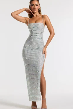 Oh Polly Party Dresses | Bride To Be^Embellished Square Neck Evening Gown in Silver