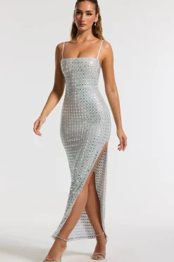 Oh Polly Party Dresses | Bride To Be^Embellished Square Neck Evening Gown in Silver