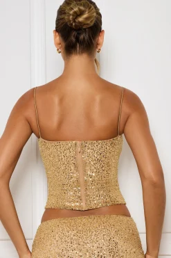 Oh Polly Co-Ords | Tops^Embellished Square-Neck Top in Gold