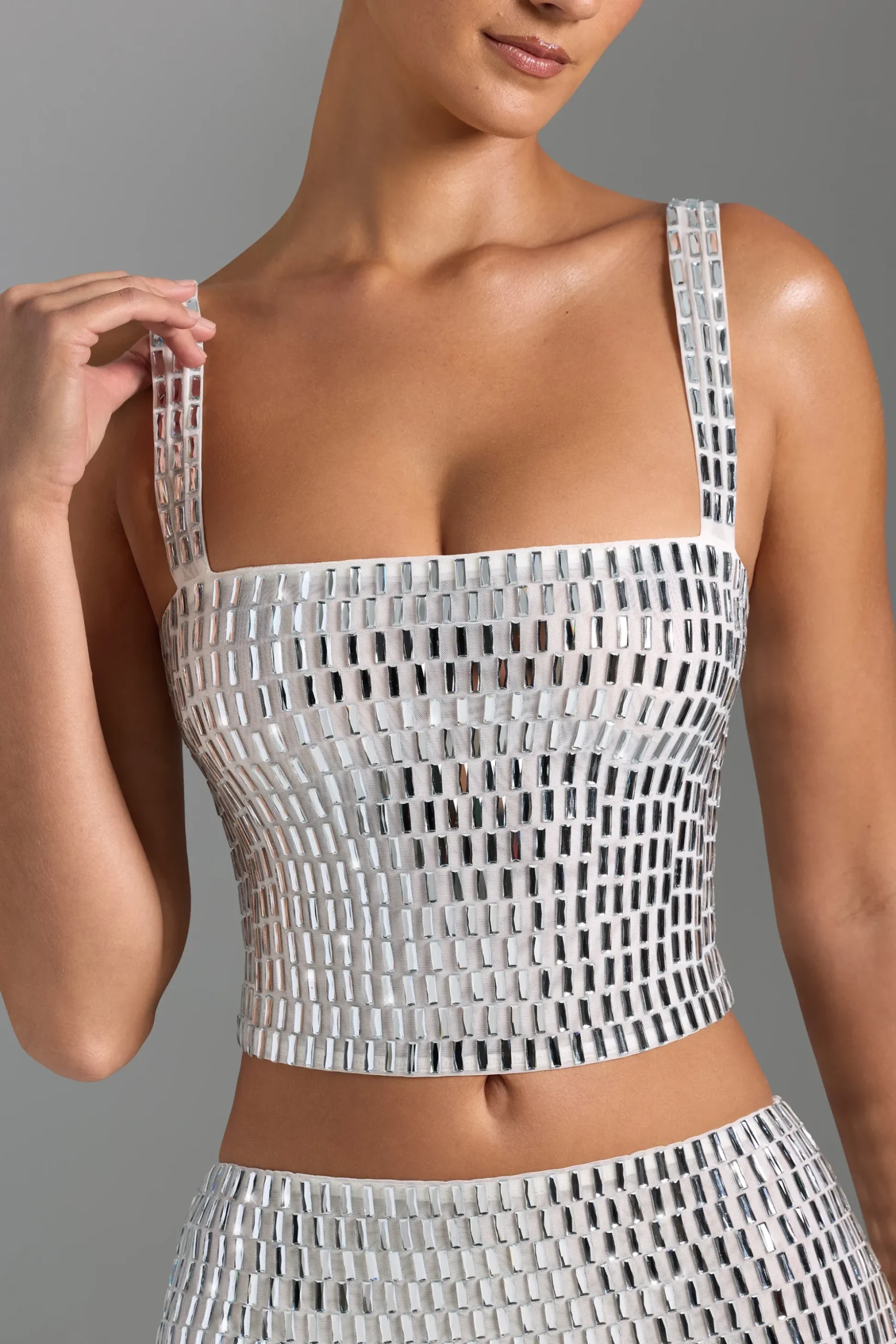 Oh Polly Co-Ords | Tops^Embellished Square-Neck Top in White