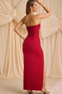Oh Polly Embellished Dresses^Embellished Strapless Cowl-Neck Maxi Dress in True Red TrueRed