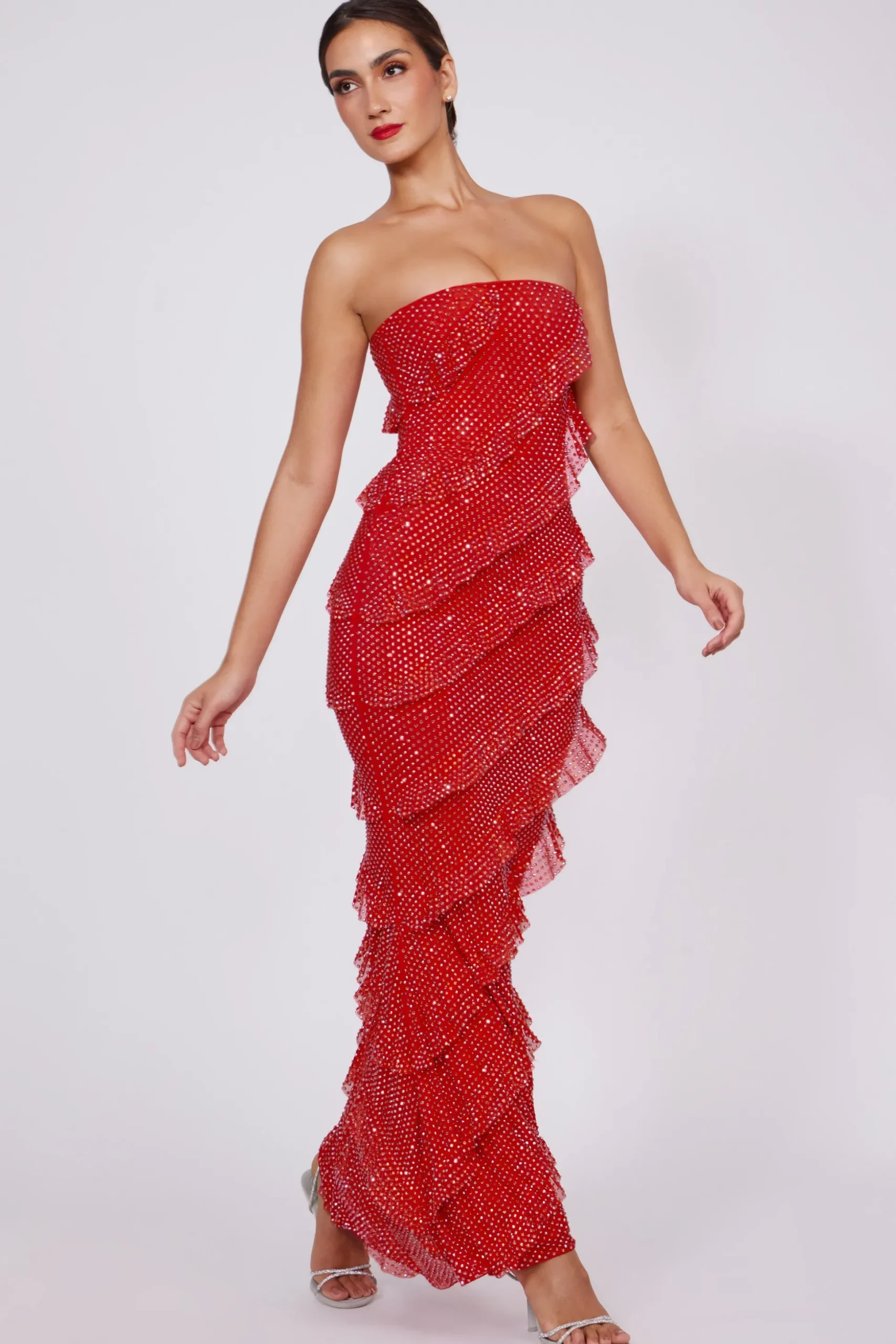 Oh Polly Wedding Guest | Party Dresses^Embellished Strapless Ruffle Maxi Dress in Fire Red FireRed