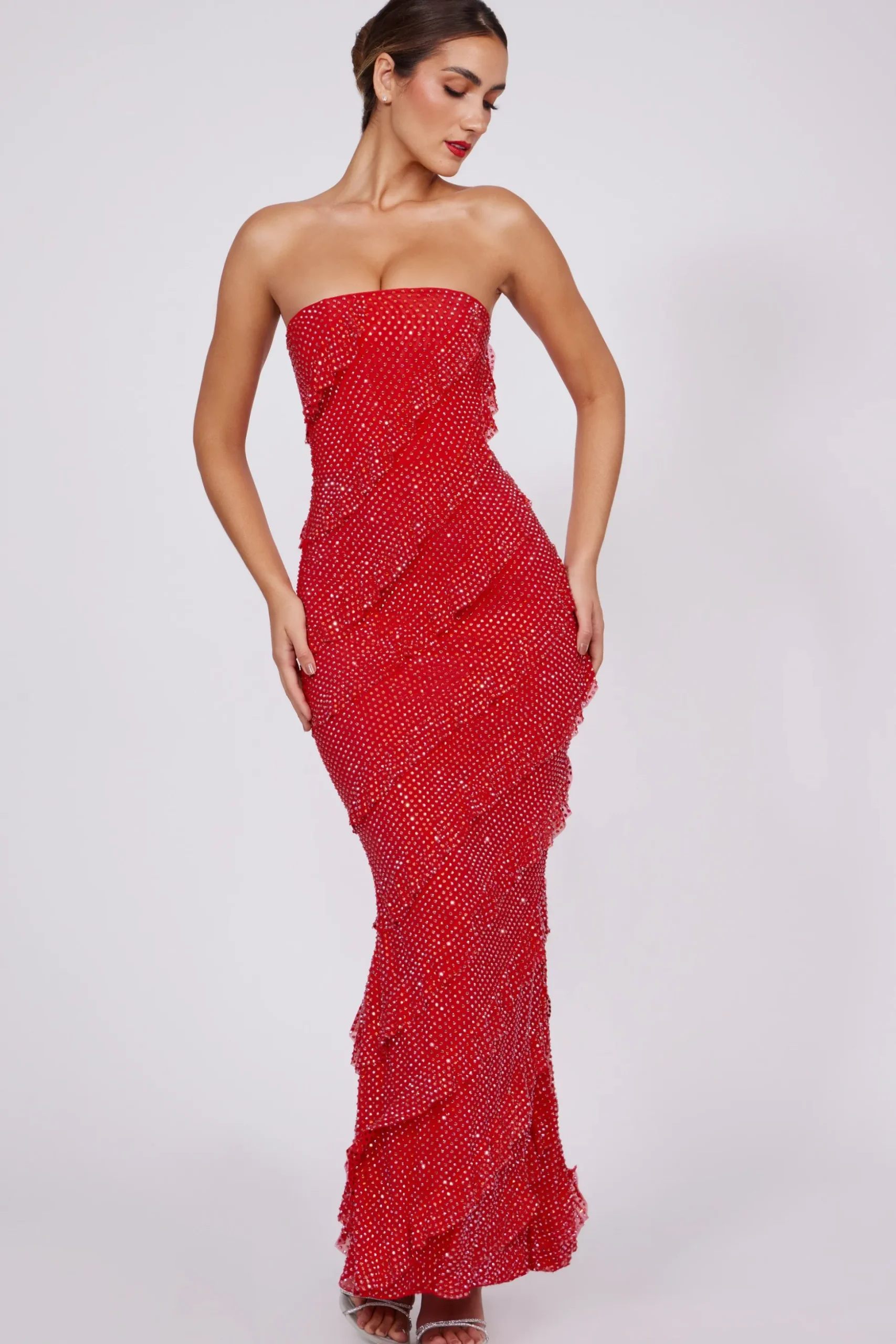 Oh Polly Wedding Guest | Party Dresses^Embellished Strapless Ruffle Maxi Dress in Fire Red FireRed
