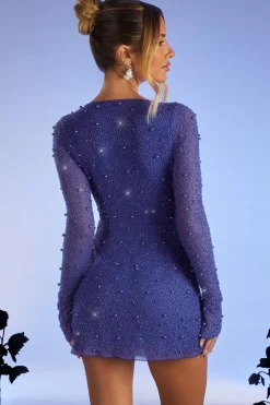 Oh Polly Party Dresses | Birthday^Embellished Wrap Over A-Line Mini Dress in Dark Blue DarkBlue