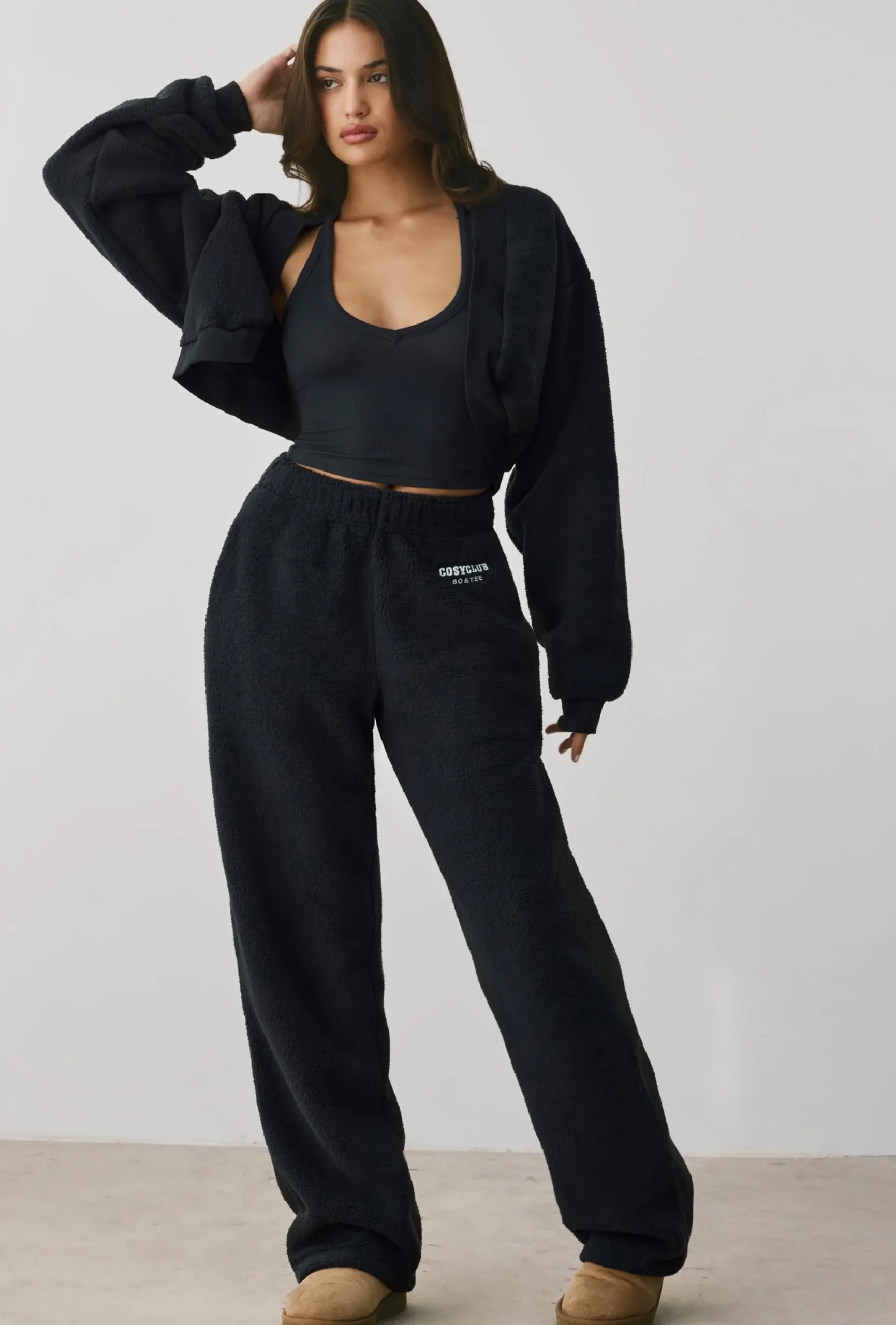 Oh Polly Tracksuits^Fleece Wide Leg Joggers in Onyx