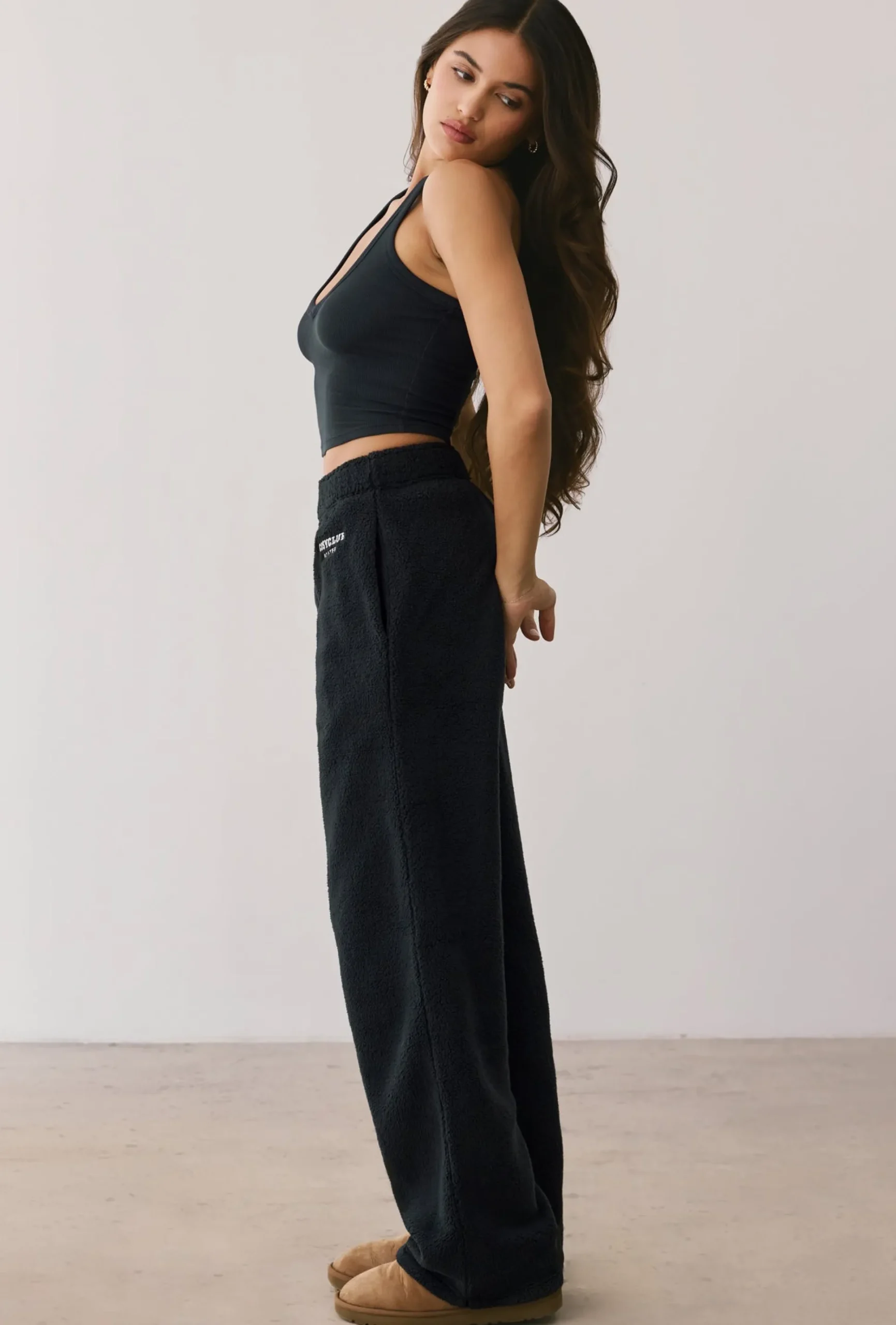 Oh Polly Tracksuits^Fleece Wide Leg Joggers in Onyx