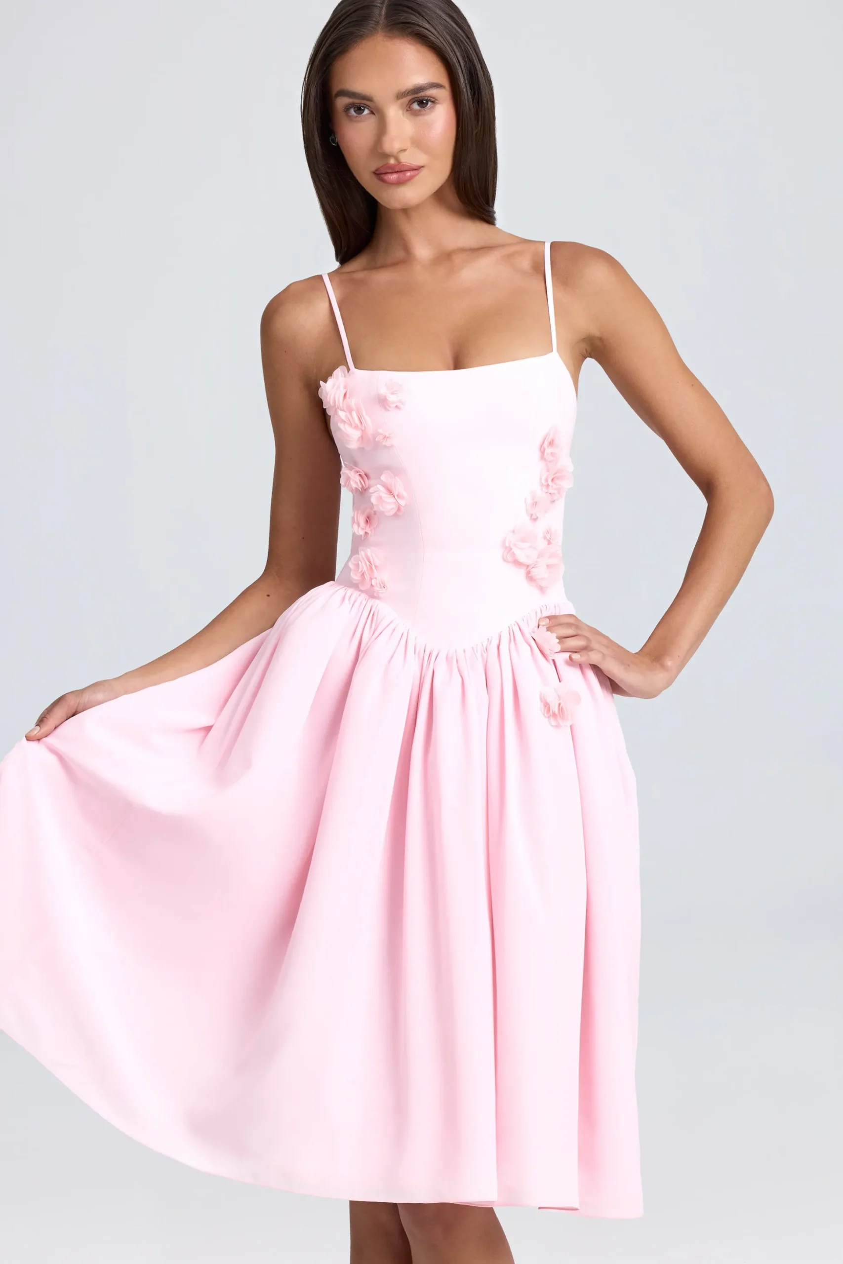 Oh Polly Wedding Guest^Floral-Appliqué Midi Dress in Blush