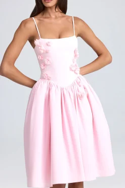 Oh Polly Wedding Guest^Floral-Appliqué Midi Dress in Blush