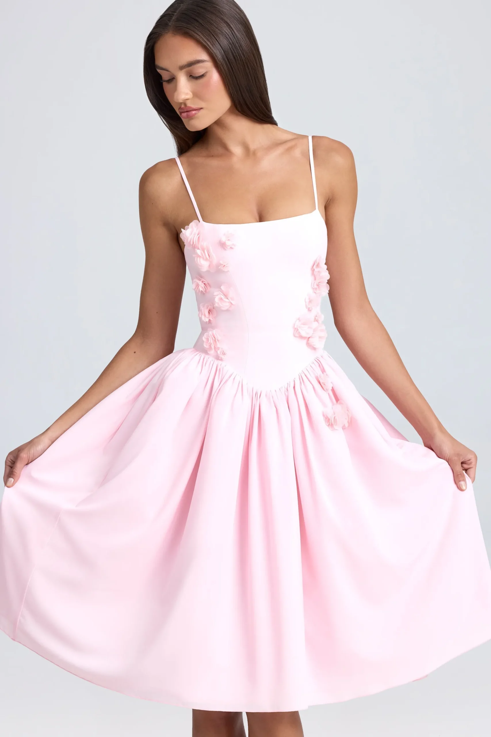 Oh Polly Wedding Guest^Floral-Appliqué Midi Dress in Blush