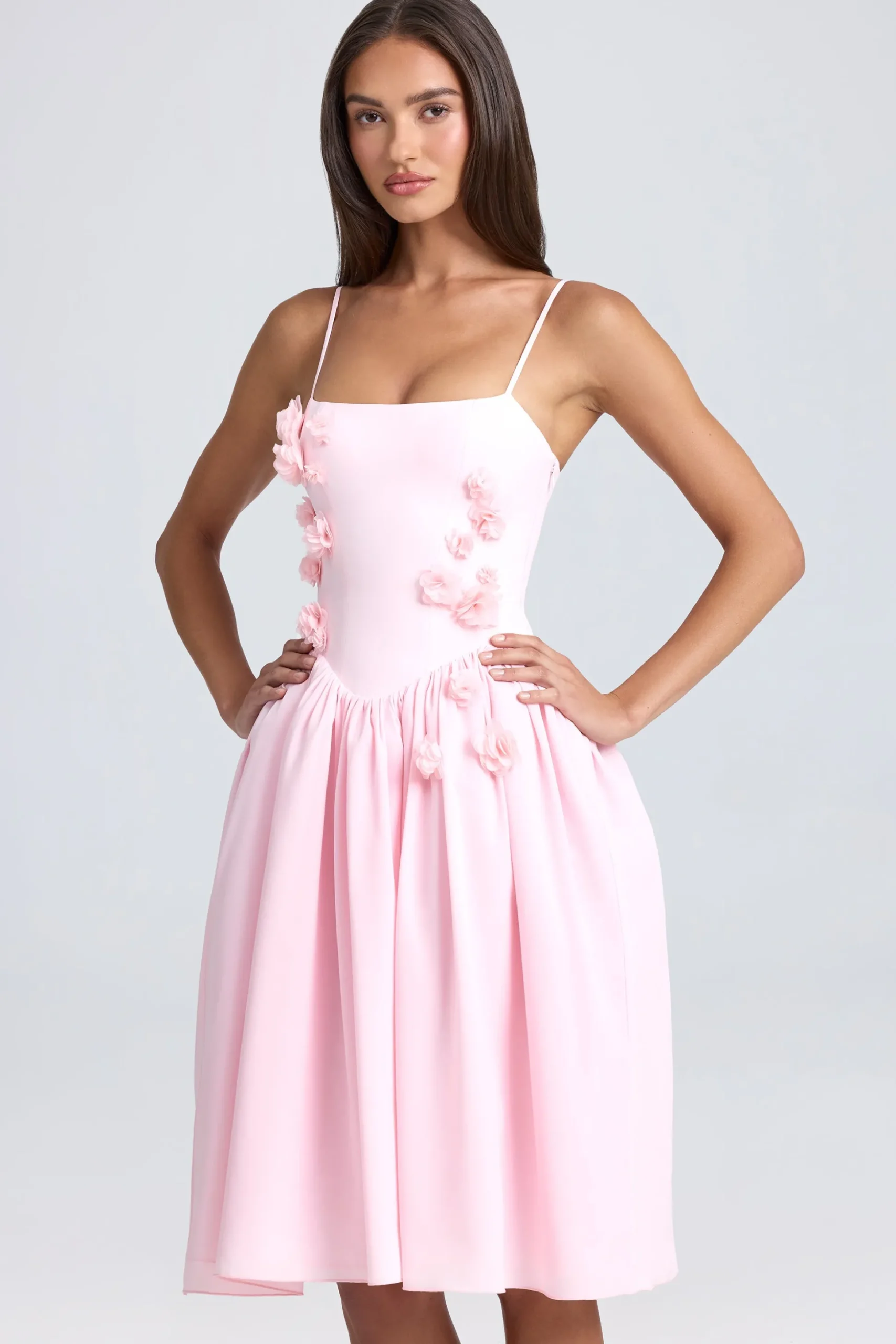 Oh Polly Wedding Guest^Floral-Appliqué Midi Dress in Blush