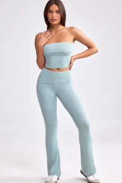 Oh Polly Knitwear | Matching Sets^Fold Over Kick Flare Chunky Knit Trousers in Dusty Teal DustyTeal