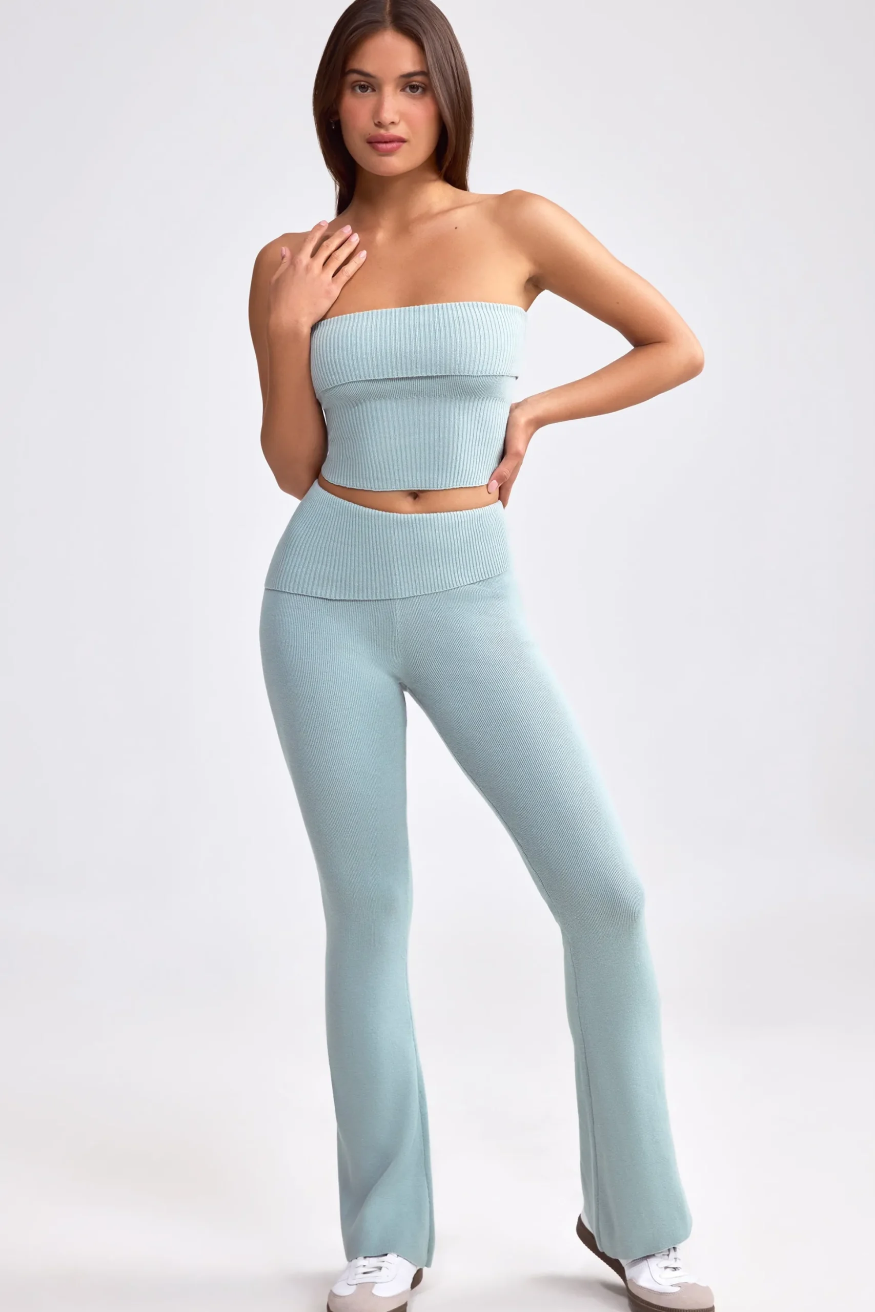 Oh Polly Knitwear | Matching Sets^Fold Over Kick Flare Chunky Knit Trousers in Dusty Teal DustyTeal