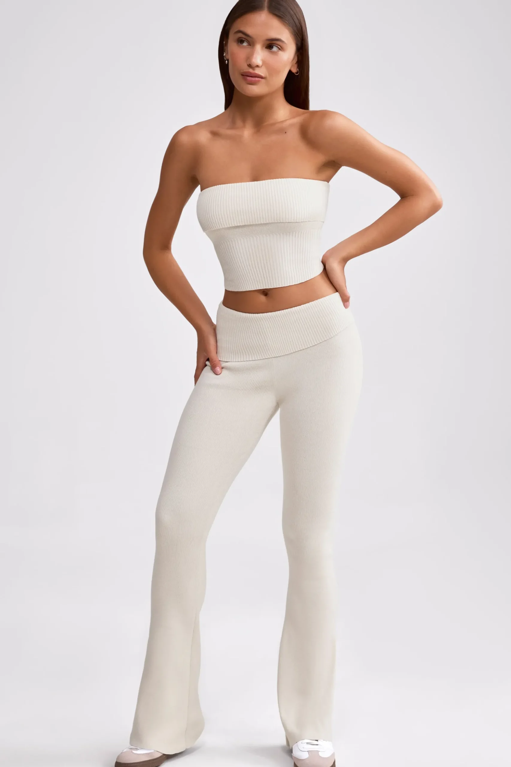 Oh Polly Knitwear | Matching Sets^Fold Over Kick Flare Chunky Knit Trousers in Cream