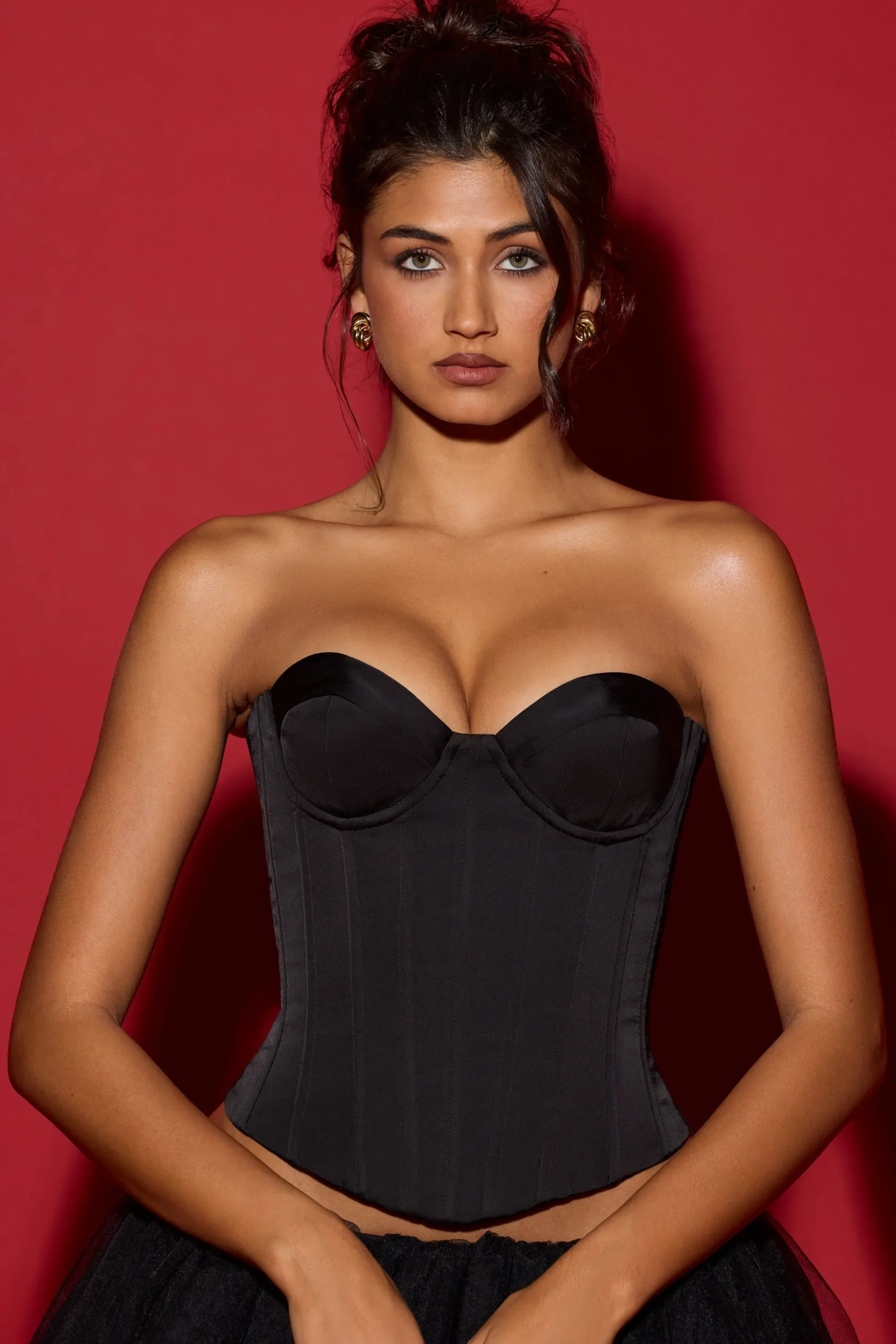 Oh Polly Tops^Full-Length Lace-Up Corset Top in Black
