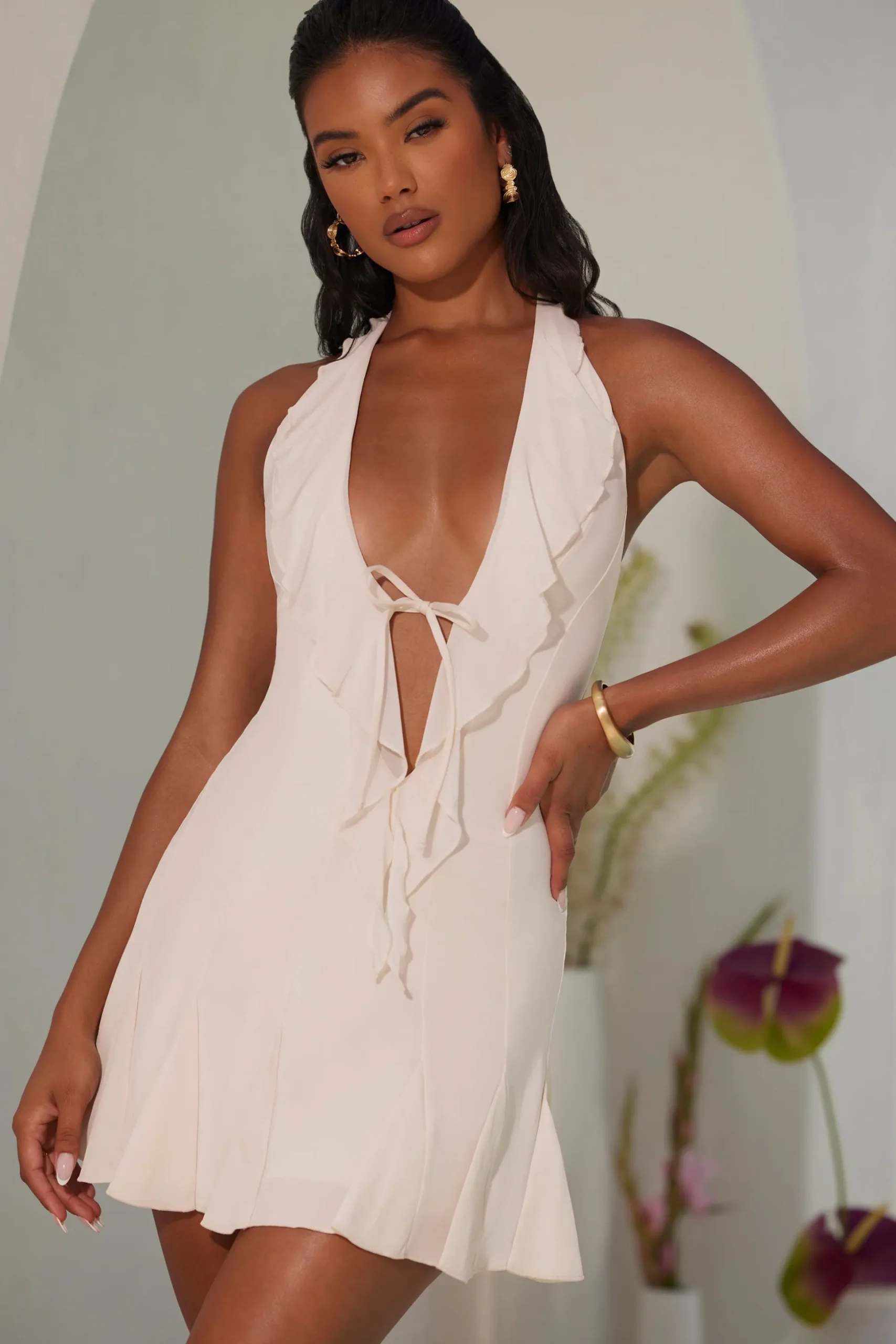Oh Polly Mesh Dresses^Halter Neck Ruffle A-Line Mini Dress in Ivory
