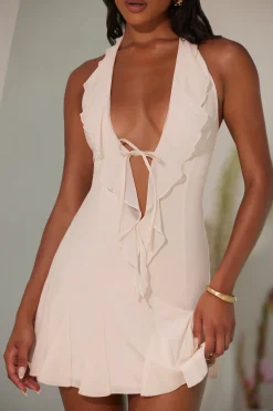 Oh Polly Mesh Dresses^Halter Neck Ruffle A-Line Mini Dress in Ivory