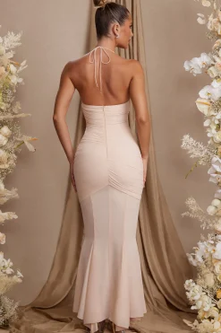 Oh Polly Georgette And Chiffon^Halterneck Cut Out Maxi Dress in Cream