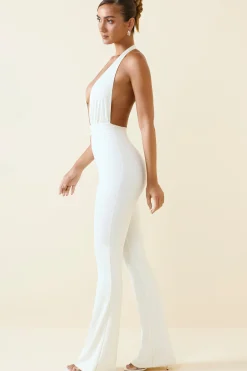 Oh Polly Jumpsuits & Unitards^Halterneck Cut-Out Flared Jumpsuit in Vanilla
