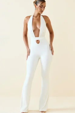Oh Polly Jumpsuits & Unitards^Halterneck Cut-Out Flared Jumpsuit in Vanilla