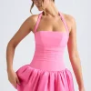 Oh Polly Party Dresses | Homecoming Dresses^Halterneck Lace-Up Bubble Hem Corset Micro Mini Dress in Hot Pink HotPink