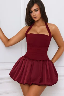 Oh Polly Skirts & Skorts | Party Dresses^Halterneck Lace-Up Bubble Hem Corset Micro Mini Dress in Berry Red BerryRed