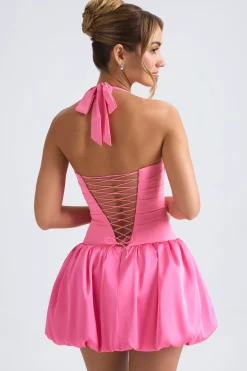 Oh Polly Party Dresses | Homecoming Dresses^Halterneck Lace-Up Bubble Hem Corset Micro Mini Dress in Hot Pink HotPink