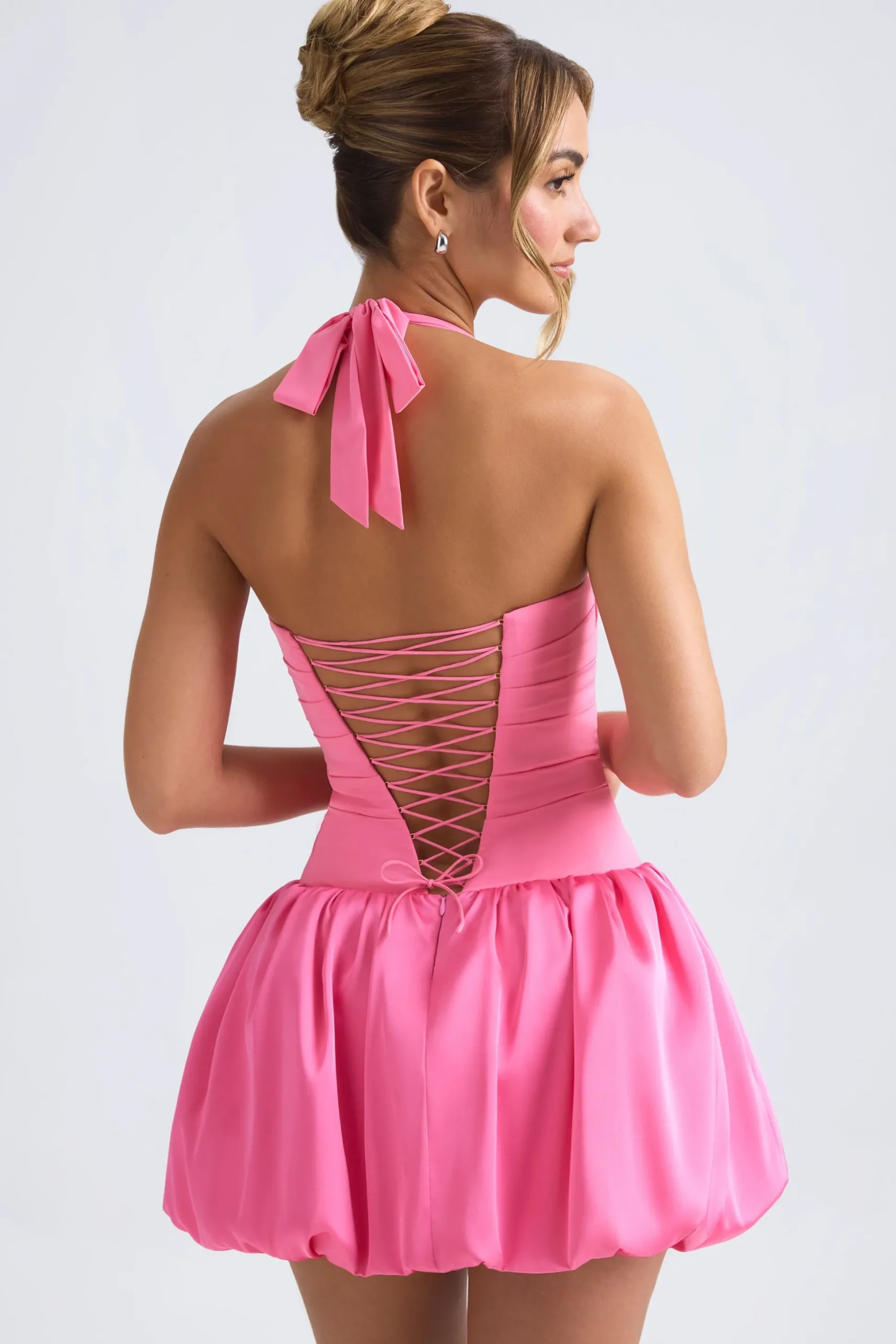Oh Polly Party Dresses | Homecoming Dresses^Halterneck Lace-Up Bubble Hem Corset Micro Mini Dress in Hot Pink HotPink
