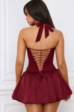 Oh Polly Skirts & Skorts | Party Dresses^Halterneck Lace-Up Bubble Hem Corset Micro Mini Dress in Berry Red BerryRed