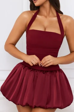 Oh Polly Skirts & Skorts | Party Dresses^Halterneck Lace-Up Bubble Hem Corset Micro Mini Dress in Berry Red BerryRed