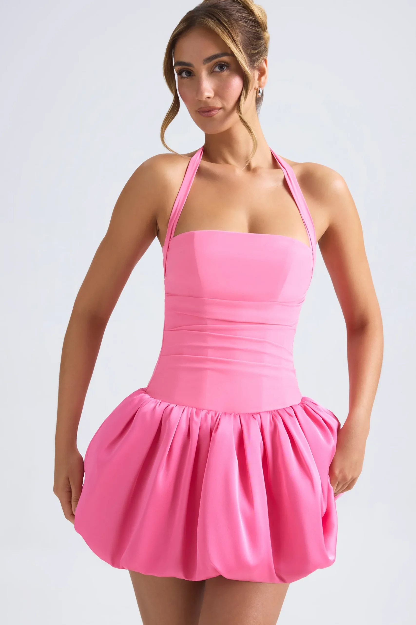 Oh Polly Party Dresses | Homecoming Dresses^Halterneck Lace-Up Bubble Hem Corset Micro Mini Dress in Hot Pink HotPink