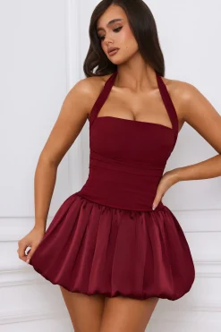 Oh Polly Skirts & Skorts | Party Dresses^Halterneck Lace-Up Bubble Hem Corset Micro Mini Dress in Berry Red BerryRed