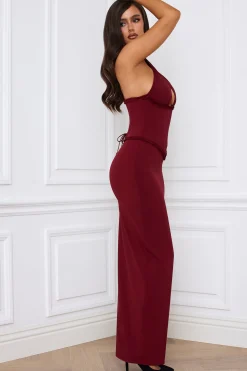 Oh Polly Holiday Party Dresses & Outfits^Halterneck Lace-Up Corset Maxi Dress in Berry Red BerryRed