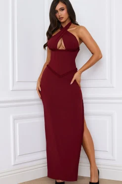 Oh Polly Holiday Party Dresses & Outfits^Halterneck Lace-Up Corset Maxi Dress in Berry Red BerryRed