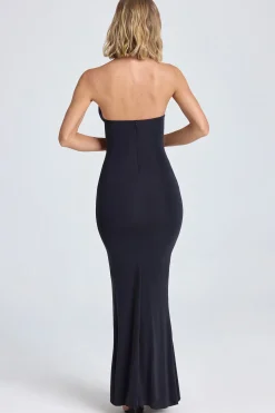 Oh Polly Satin Dresses^Halterneck Ruffle-Trim Gown in Black