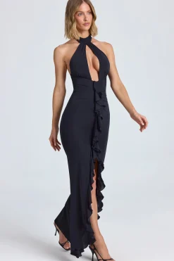 Oh Polly Satin Dresses^Halterneck Ruffle-Trim Gown in Black