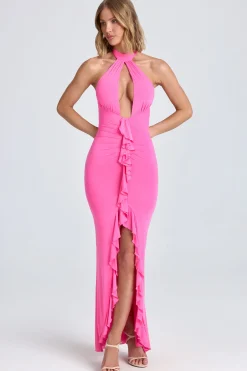Oh Polly Women'S Clothing Sale - $65 And Under | Wedding Guest^Halterneck Ruffle-Trim Gown in Lollipop Pink LollipopPink