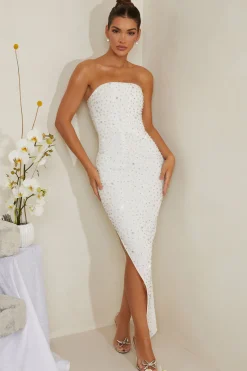 Oh Polly Party Dresses | Bride To Be^Hand Embellished Asymmetric Midi Dress in White