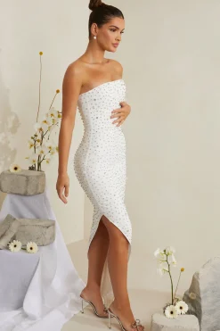 Oh Polly Party Dresses | Bride To Be^Hand Embellished Asymmetric Midi Dress in White