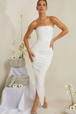 Oh Polly Party Dresses | Bride To Be^Hand Embellished Asymmetric Midi Dress in White