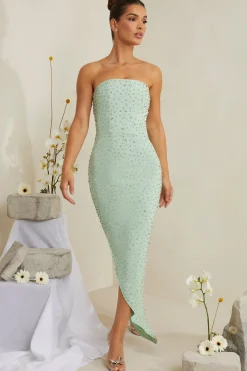 Oh Polly Wedding Guest | Party Dresses^Hand Embellished Asymmetric Midi Dress in Sage