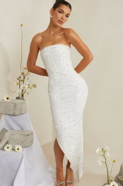Oh Polly Party Dresses | Bride To Be^Hand Embellished Asymmetric Midi Dress in White