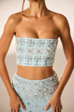 Oh Polly Women'S Clothing Sale - $65 And Under | Party Dresses^Hand Embellished Bandeau Corset Crop Top in Blue