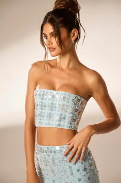 Oh Polly Women'S Clothing Sale - $65 And Under | Party Dresses^Hand Embellished Bandeau Corset Crop Top in Blue