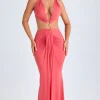 Oh Polly Night Out^Hardware Detail Cut-Out Halterneck Maxi Dress in Coral