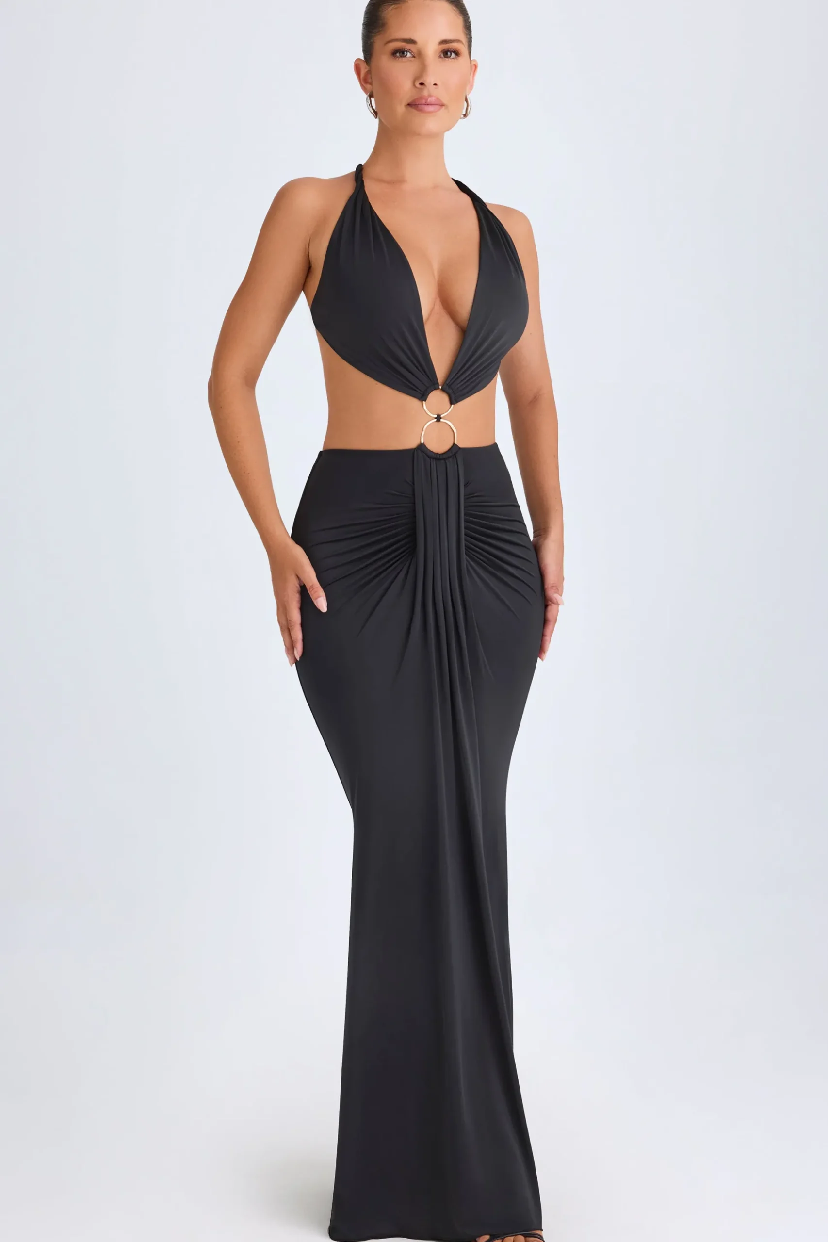 Oh Polly Night Out^Hardware Detail Cut-Out Halterneck Maxi Dress in Black