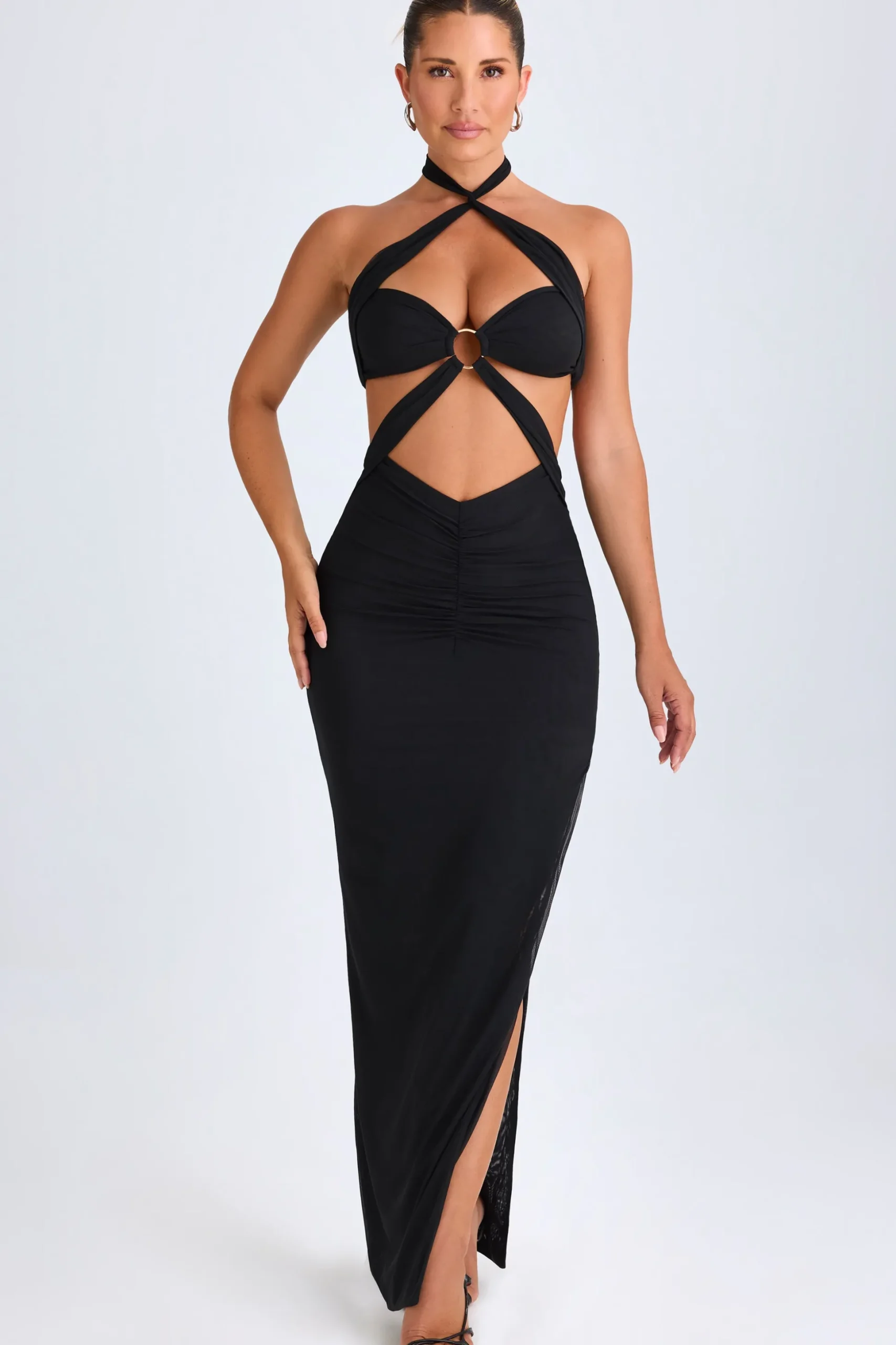 Oh Polly Night Out | Mesh Dresses^Hardware Detail Cut-Out Halterneck Maxi Dress in Black