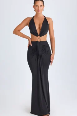Oh Polly Night Out^Hardware Detail Cut-Out Halterneck Maxi Dress in Black