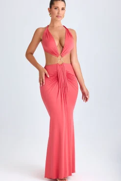 Oh Polly Night Out^Hardware Detail Cut-Out Halterneck Maxi Dress in Coral